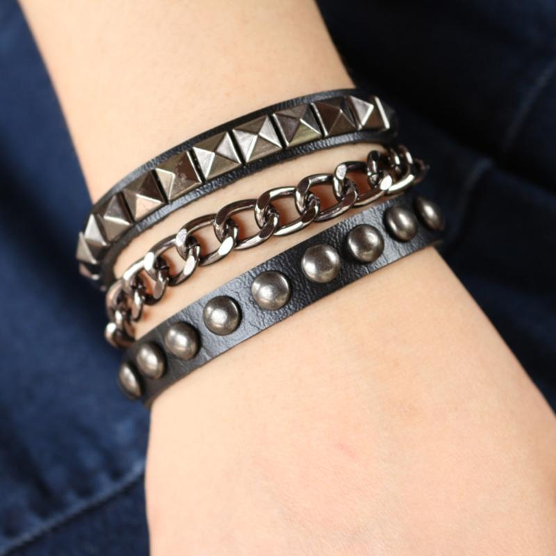 Multilayers Rock Spike Rivets Chain Bracelet Gothic Punk Wide Cuff Leather Bracelet Bangle Fashion Bracelet Jewelry