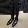 Autumn and Winter New Fashion Versatile and Genuine Feeling Retro Square Headed Dark European and American Hollow Strap Boots
