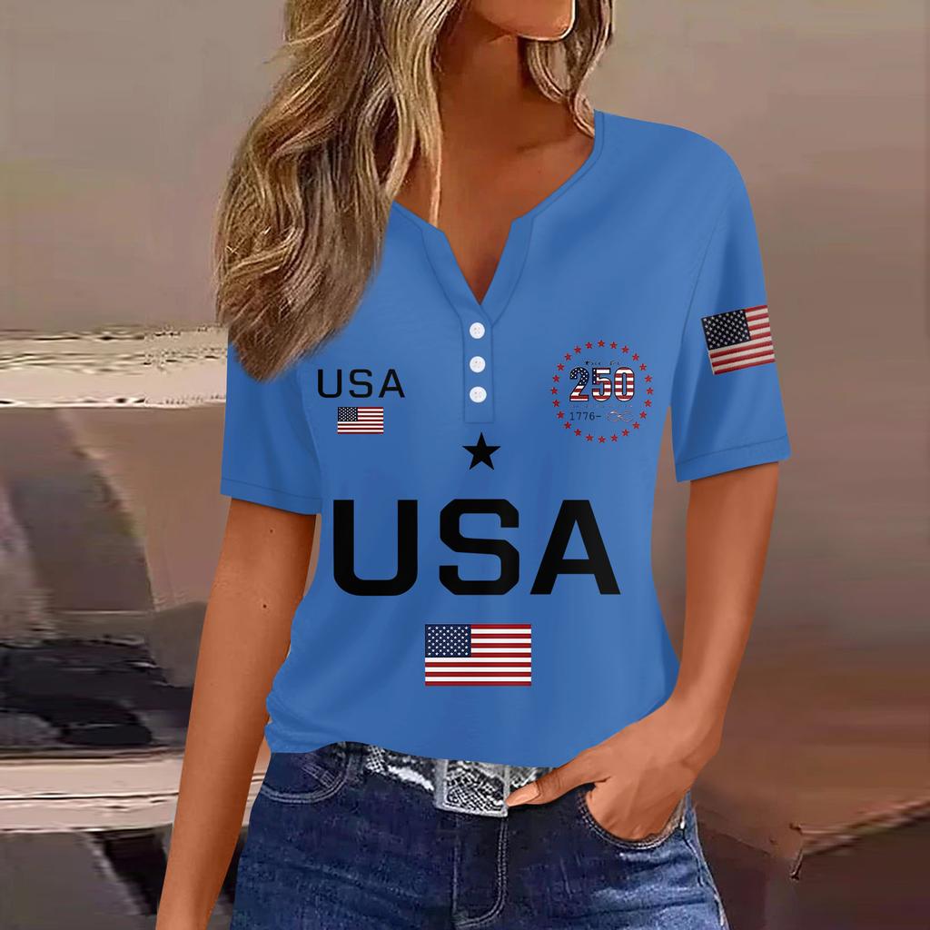 Damen-T-Shirt mit Aufdruck „Unabhängigkeitstag“ und Knopfleiste, kurzärmelig, für den Alltag und das Wochenende, modisch, Basic, V-Ausschnitt, normales Oberteil
