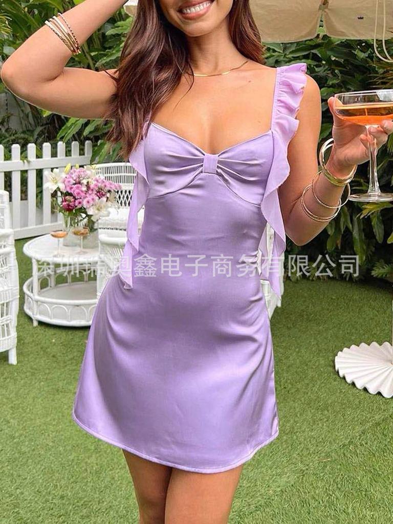 Europe beautiful woman ins style sexy babes deep V backless slim ruffle edge short skirt suspender skirt short dress dress