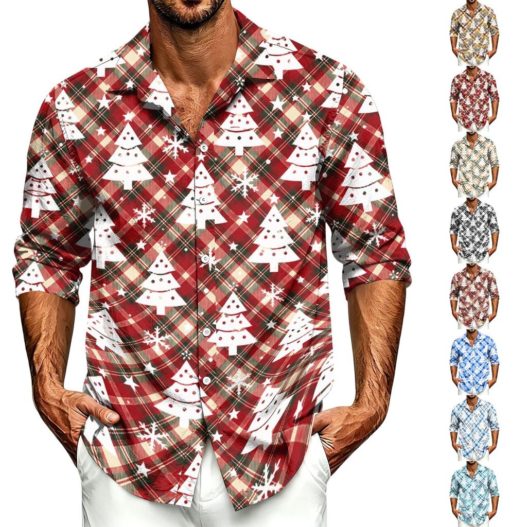 Men's Casual Long Sleeve Shirt with Christmas Print for Spring, Fall and Everyday Wear