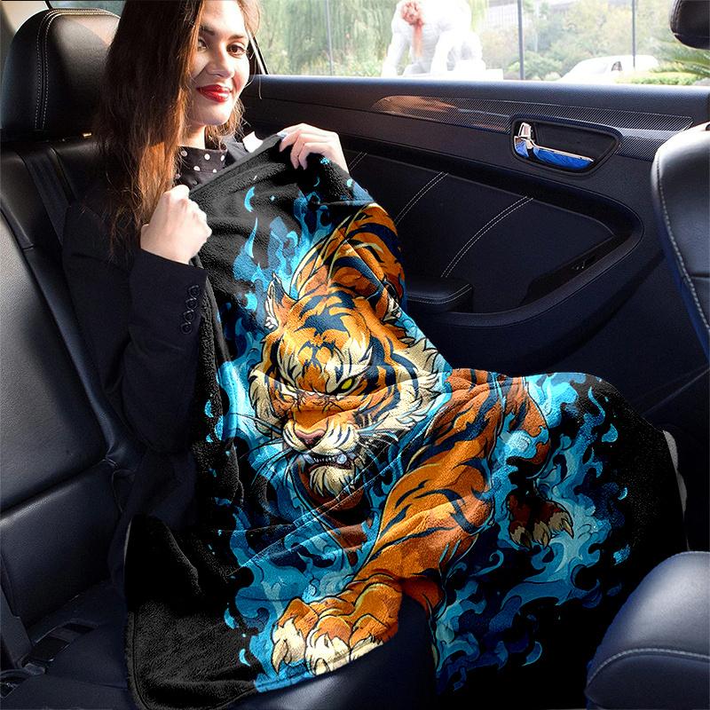 1pc Blue Flame Tiger Blanket Soft and Warm Home Decor Gift for All Seasons Perfect for Couch, Living Room, Travel, Camping, Car Blankets