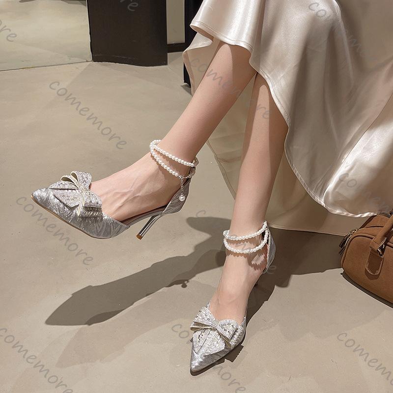 Fashion Comemore Temperament High Heels Shoes for Women Spring New Pointed Toe Shallow Mouth Rhinestone Bowknot Female Thin Heeled Pumps