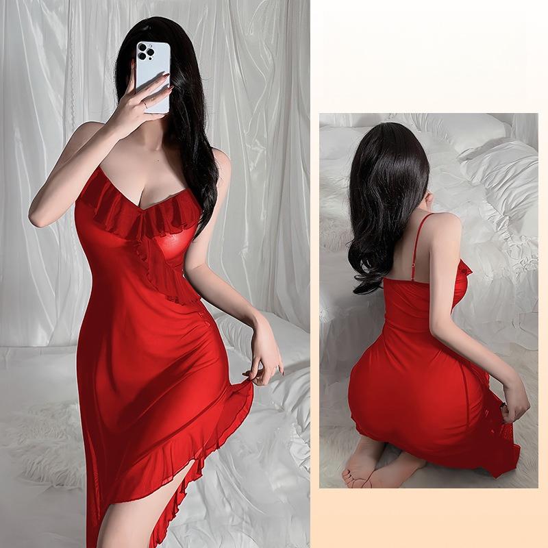 Camisola con volantes de malla en el bajo Sexy con abertura alta Ropa de estar por casa para mujer Se puede usar en el exterior 636 Versátil Coqueta Ropa de dormir Adecuada para salidas Descansar