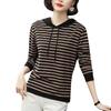 Mid Autumn Season Striped Hoodie T Shirt For Women With Patching And Loose Fit