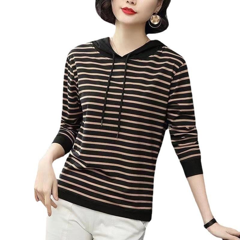Mid Autumn Season Striped Hoodie T Shirt For Women With Patching And Loose Fit