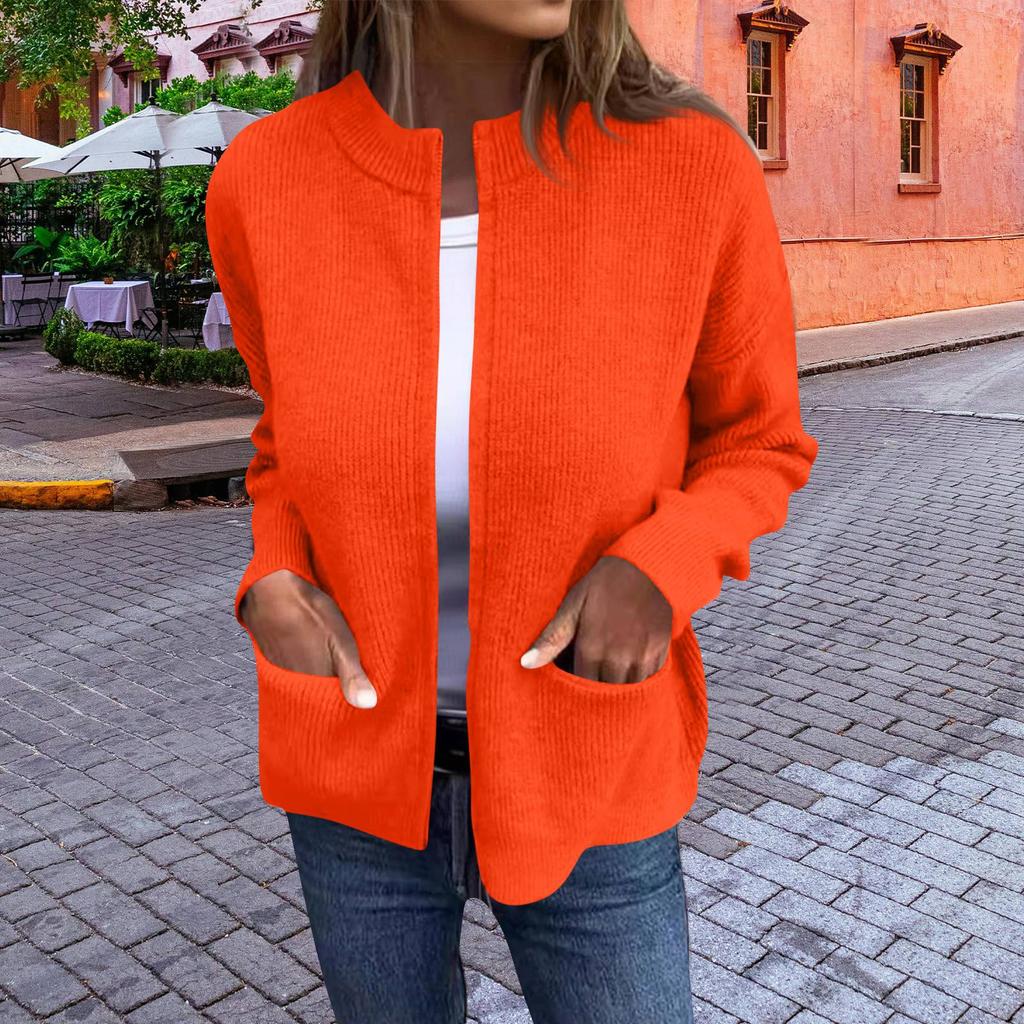 Women's Fashionable Color Long Sleeved Stand Up Collar Zipper Loose Pocket Jacket Casual Jacket