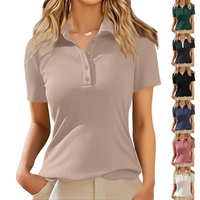 Camisa de Moda para Mujer Color Sólido Cuello Abotonado Manga Corta Slim Top