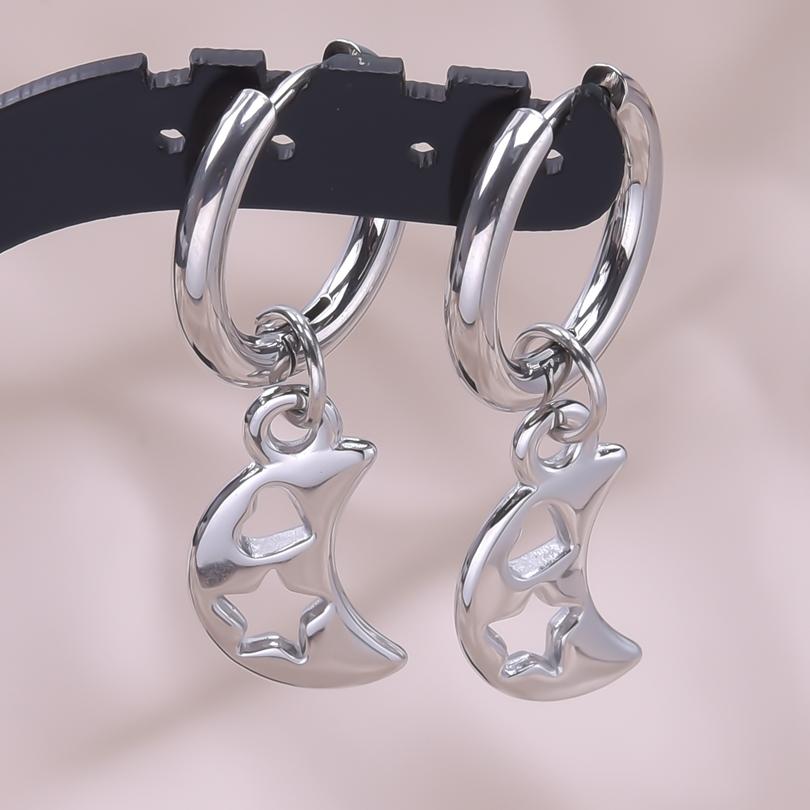 Upright Moon Charm Earring Lune Pendant Stainless Steel Earrings For Women Men Fashion Jewelry Round Hoops Piercing Oorbellen
