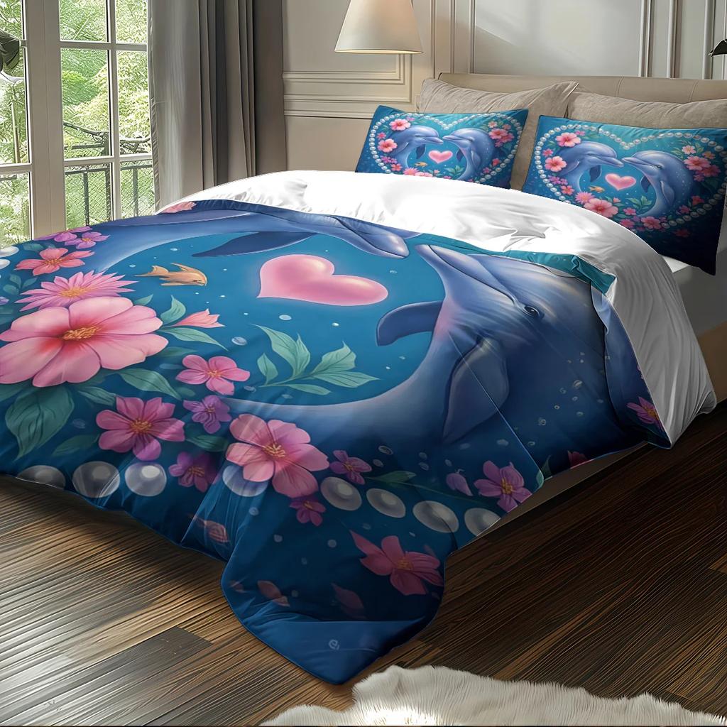 3pcs Dolphin Couple Pattern Printed Bedding Set 1*quilt Cover+2*pillowcase Suitable for Couples and Adults Bedrooms