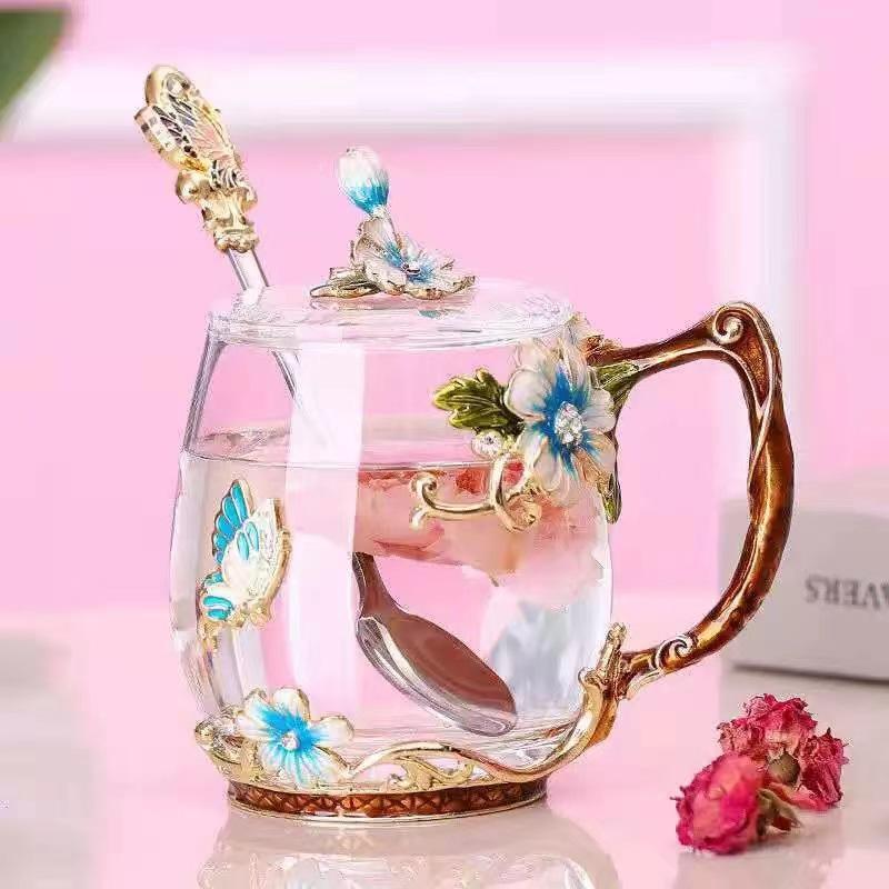 Petite tasse à thé en émail marguerite, petit verre peint à fleurs fraîches, ensemble de tasses à thé cadeau transparentes pour la maison