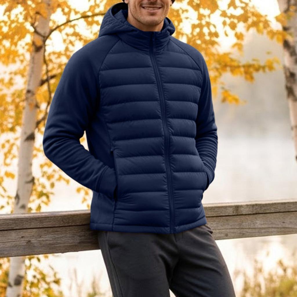 Men's Lightweight Quilted Hooded Jacket with Synthetic Down for Fall and Winter
