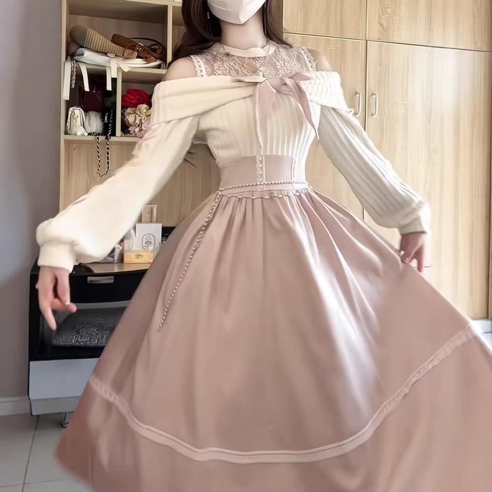 Autumn Light Pink Off-the-Shoulder Dress with Sweet Bow Tie, Lace Details, and Cinched Waist - Trendy and Cute Long Style for Women