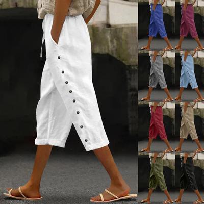 Women's Fashion Loose Casual Splicing Button Drawstring Solid Color 3/4 Pants