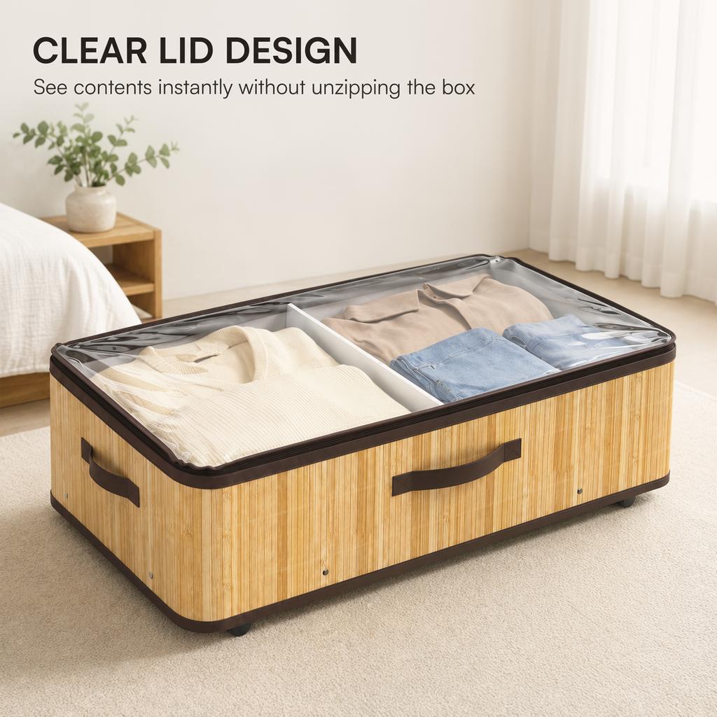 60L Under Bed Storage with Wheels, Pack of 2, 23cm Height, Natural