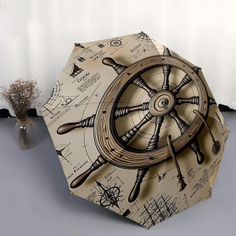 Nautical Wheel, Compass Themed Automatic Opening and Closing Umbrella, Brightly Colored 8-rib Portable Umbrella, Suitable for Men and Women,