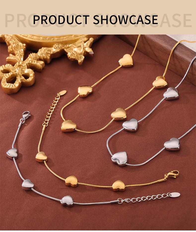 Korean Minimalist Snake Chain Heart Pendant Titanium Steel Jewelry Set