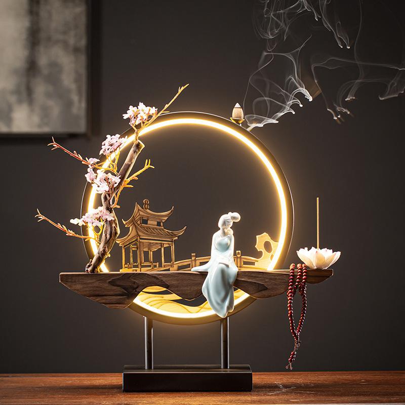 Großer chinesischer Rückfluss-Räucherbrenner mit USB-LED-Lichtring Nette Dame Keramik Heimdeko Ornamente Kiefer Zypresse