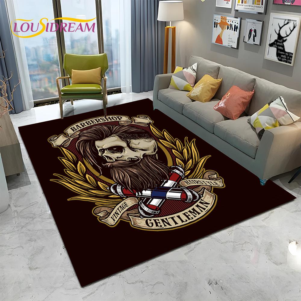 Berber Dükkanı Tabelası 3D Kurukafa Vintage HD Halı Kilim Ev Oturma Odası Yatak Odası Kanepe Paspas Dekorasyonu için, Çocuk Alan Halısı Kaymaz Zemin Matı