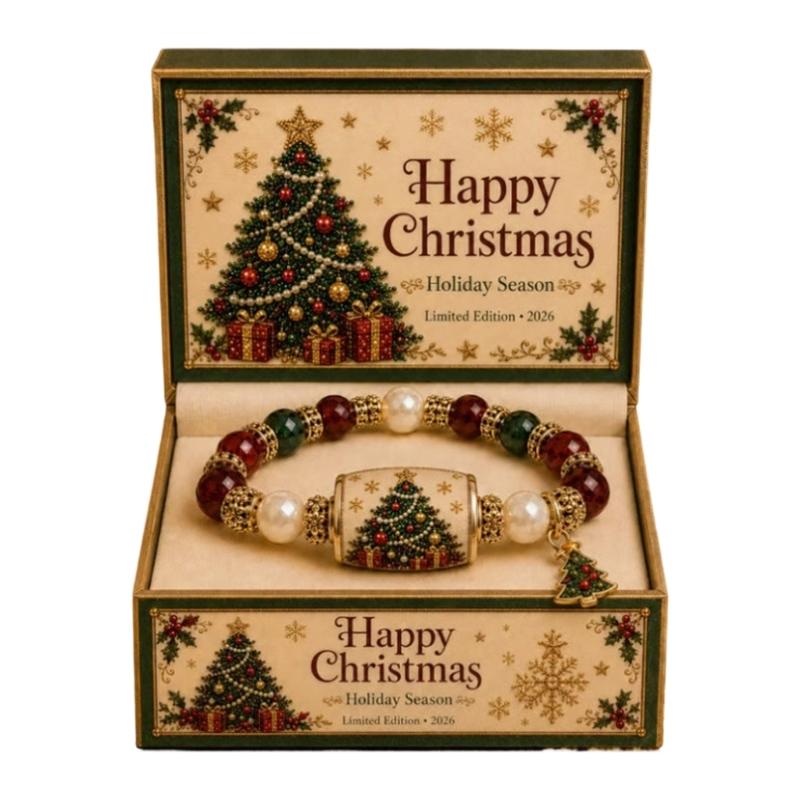 Festive Stretch Bead Bracelet for Christmas Outfits, Holiday Charm Bangle with Tree Detail and Easy Slip-On Wear