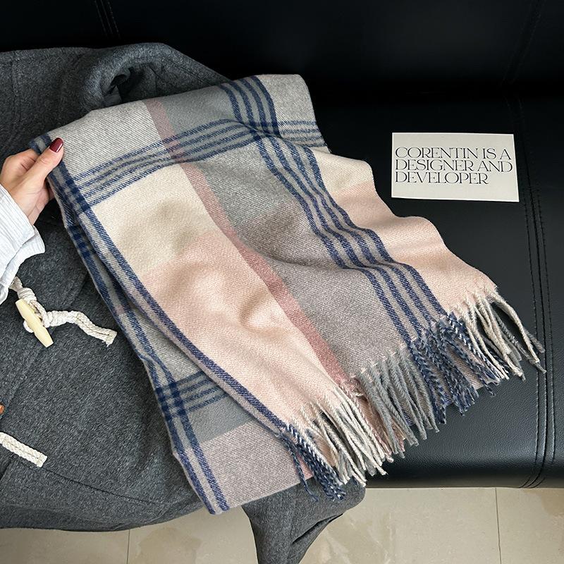 High-end niche striped plaid warm scarf autumn and winter couple fashion trend imitation cashmere fringed shawl