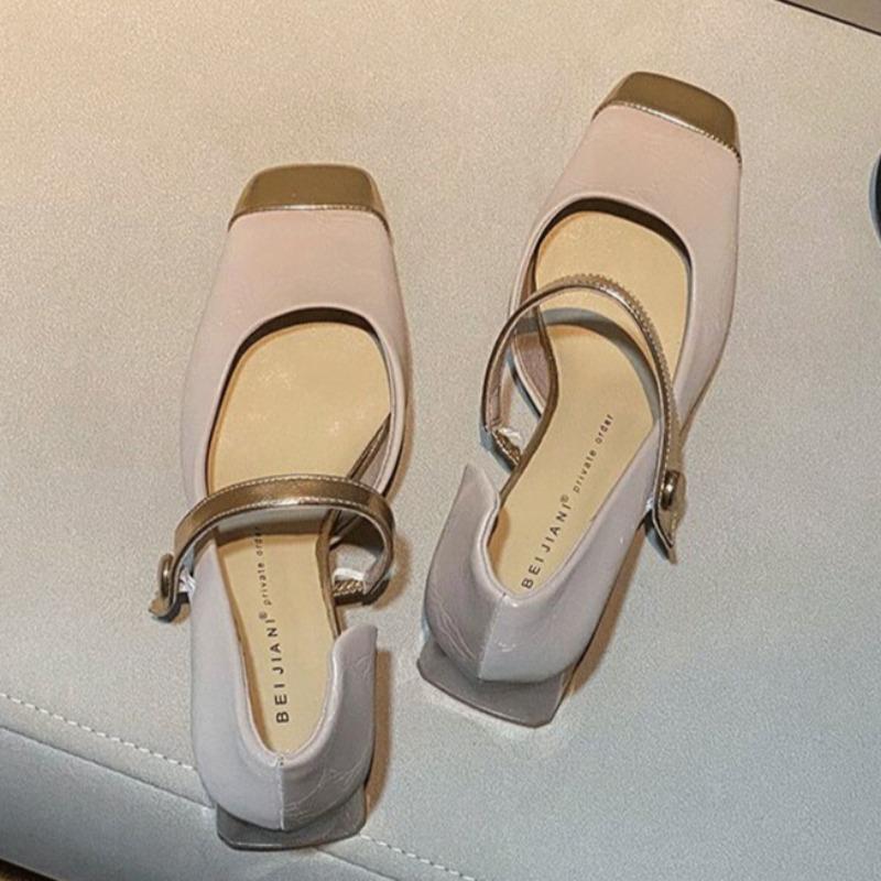 Women's Thick Heel Shoes Spring New Square Head Shallow Mouth Splicing A Word Buckle Waterproof Non-slip Low-top Shoes