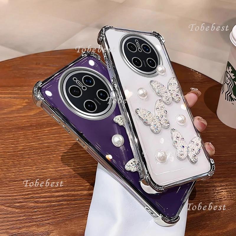 3D Pearl Butterfly Shockproof Plating Silicone Case for Huawei Mate 70 60 50 40 30 Pro Transparent Back Cover