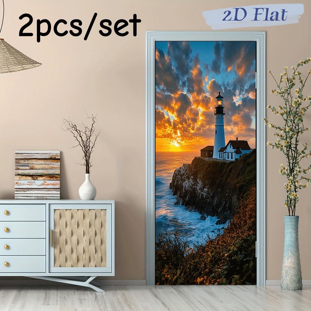 

2pcs Beautiful Seaside Lighthouse Sunset Landscape Wall Stickers Living Room Bedroom Entrance Decoration Stickers Self Adhesive (as the picture,38.5x200cmx2)