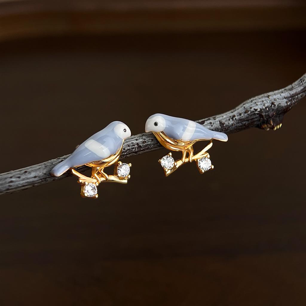 French Drip Oil Color Little Bird Zircon Earrings: Luxurious, Versatile, Retro Jewelry for Women