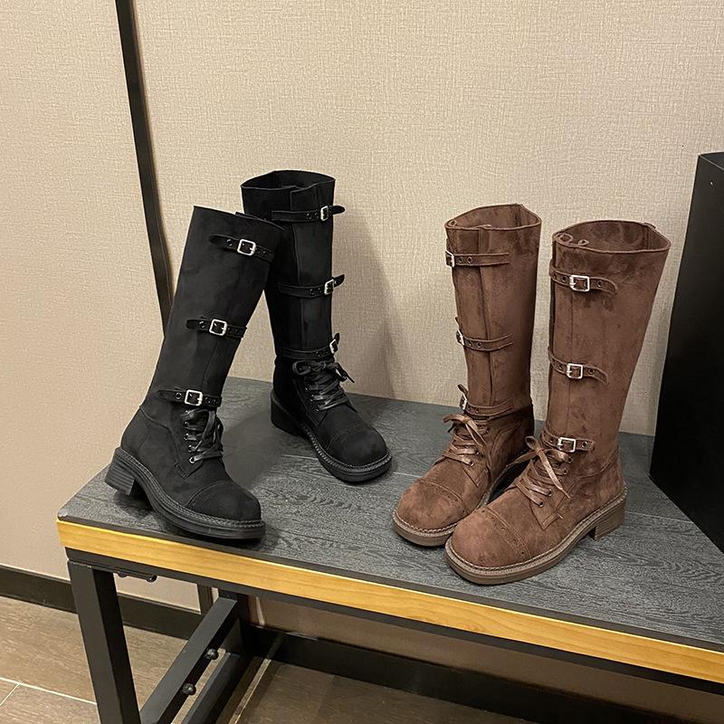 Retro strap western cowboy boots children thick heel buckle autumn and winter new old Maillard tall knight boots