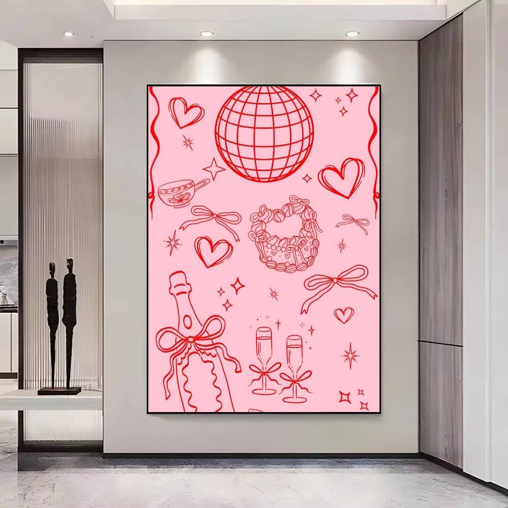 Cartoon Trendy Retro Aesthetic Pink Card Posters Fancy Wall Sticker for Living Room Bar Decoration Wall Decor