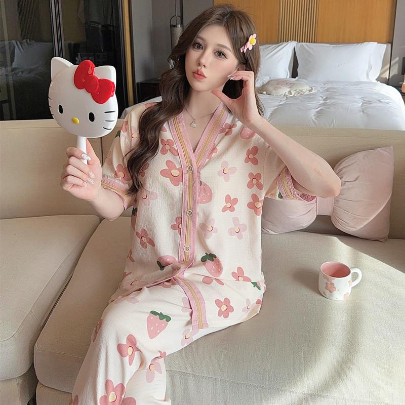 Japanese cartoon sweet bubble cotton yarn pajamas women's summer new short-sleeved two-piece set 55kg thin outer order