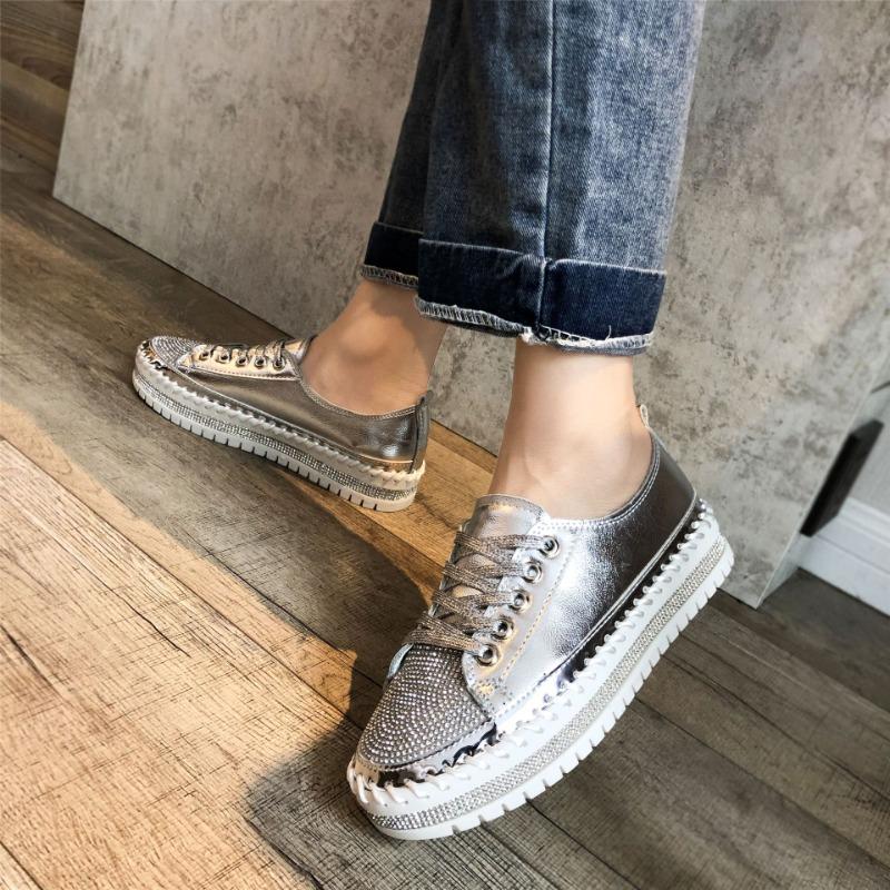 Fashion Plus Size 44 Women's Platform Sneakers Crystal-edged Thick-soled Small White Shoes Comfortable Versatile Lace-up Vulcanized Shoe