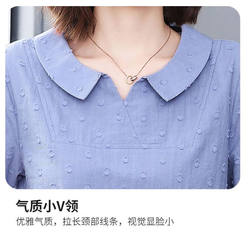 Summer Women's Linen Blouse Short Sleeve Peter Pan Collar Casual Top
