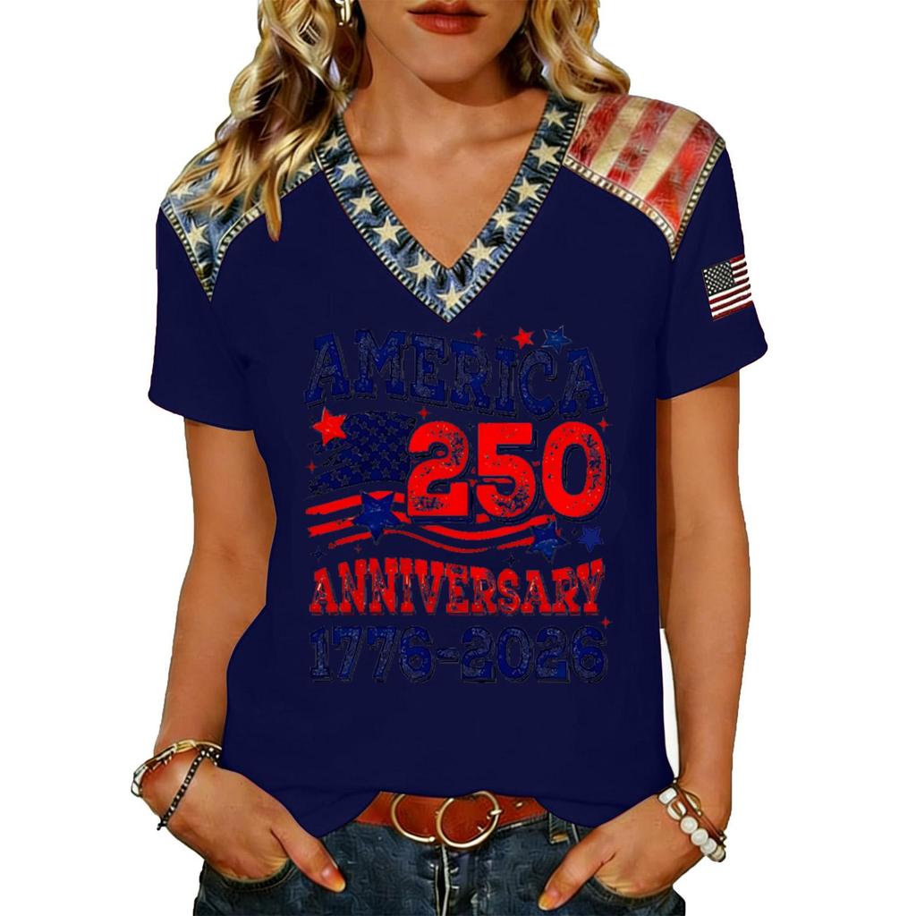 Women's Casual V Neck Short Sleeve Pullover T Shirt Top American Flag Print 250th Anniversary Graphic Tee Lightweight Comfortable