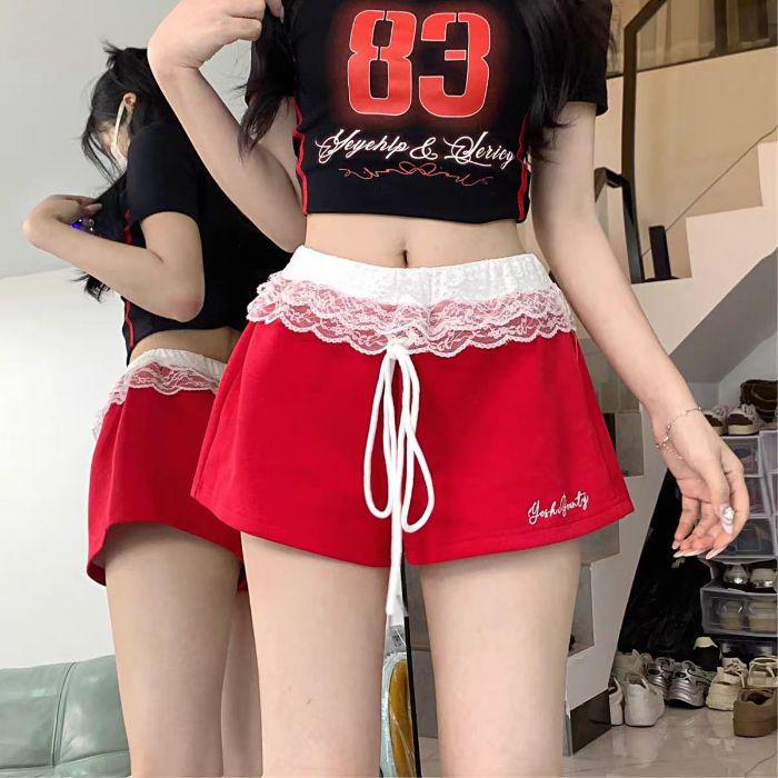 

Женские красные кружевные вышитые спортивные шорты А-силуэта на кулиске - Универсальные, маленького размера, летние шорты с широкими штанинами M красный