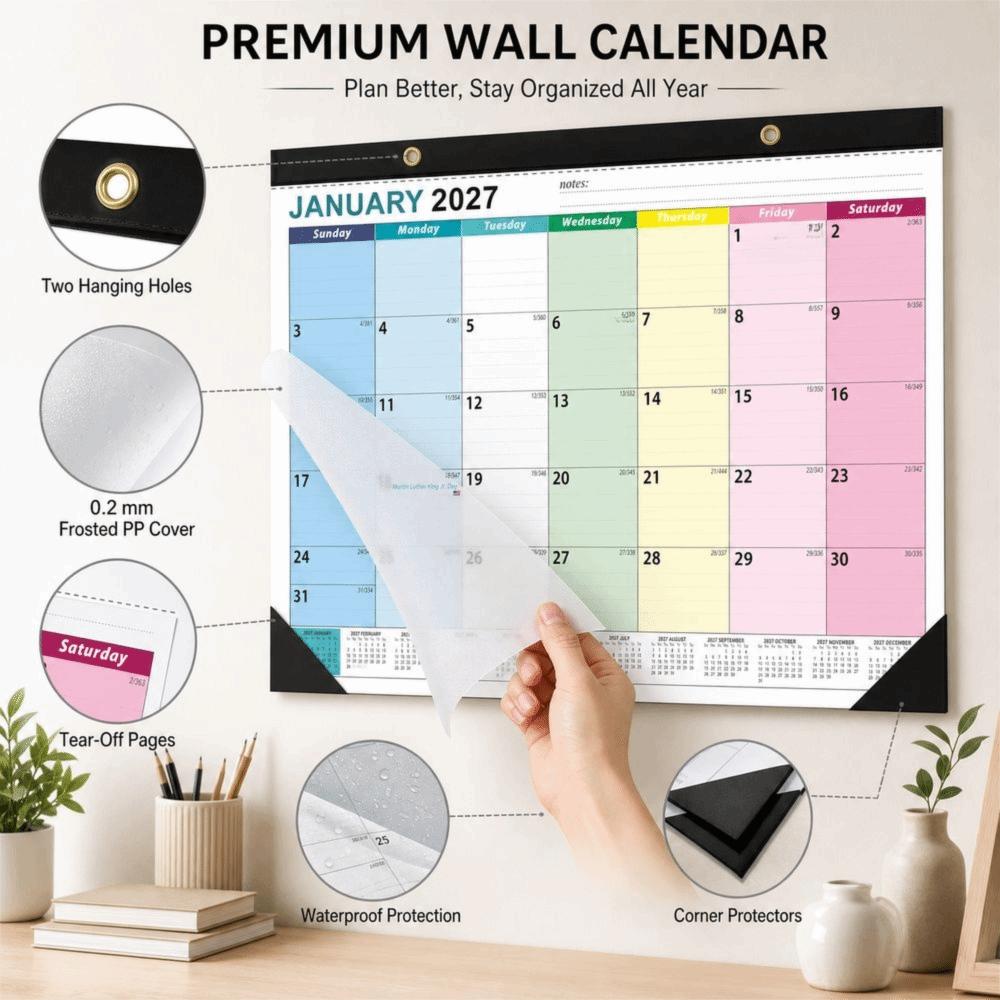 Daily Planning 2027 Wall Calendar Waterproof Cover Monthly Schedule Planner  School Office
