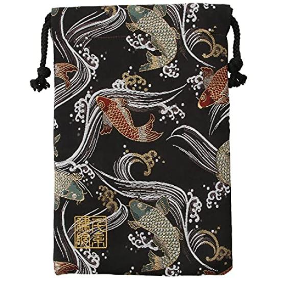 

Senshishuin Nishijin Brocade Drawstring Bag Black Swimming Carp Medium Size (Lined) Design,