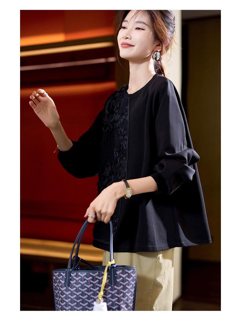 Dámské trendy černé tričko s dlouhým rukávem s výšivkou, zima 2024, nový čínský styl, nadměrná velikost