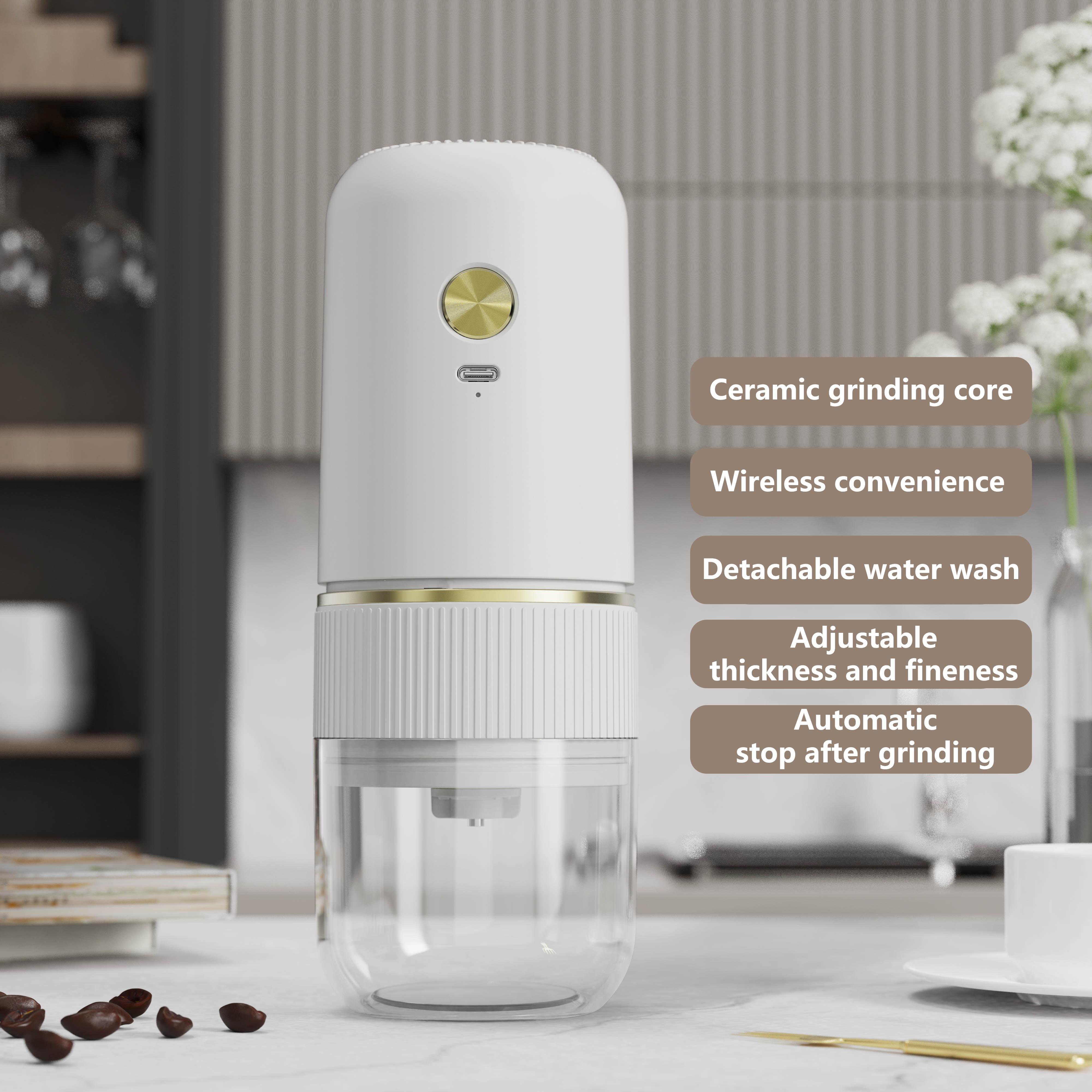 

2025 New Electric Coffee Bean Grinder One-button Start Automatic Power Off 1200mAh Battery Capacity Small Coffee Machine білий