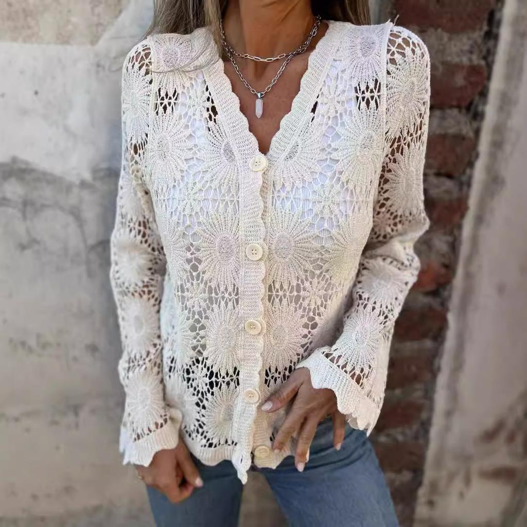 Women's V Neck Long Sleeve Crochet Cardigan Loose Fit Elegant Commuter Lace Hollow Out Knit Top