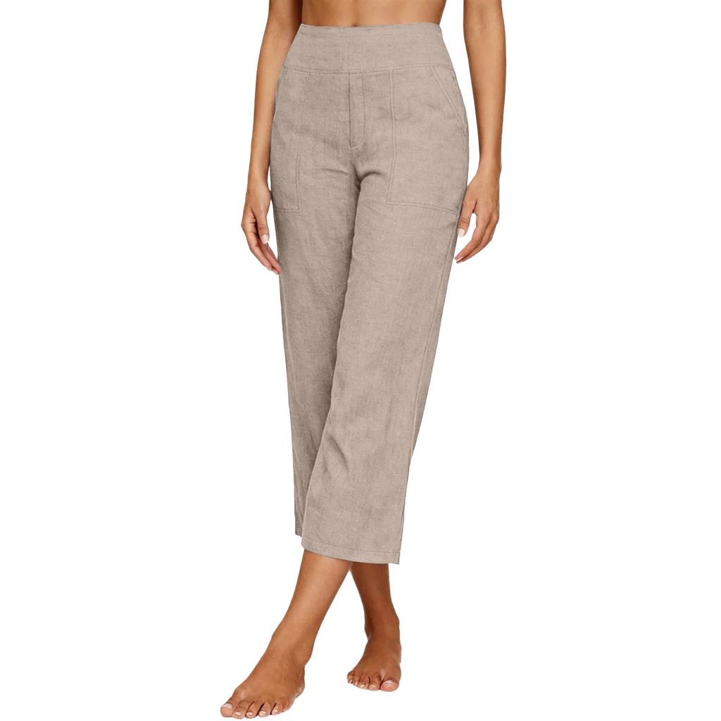 Women's Fashionable Loose-Fit Pocket Cotton-Linen Blend High-Waisted Wide-Leg Pants Casual Cropped Trousers