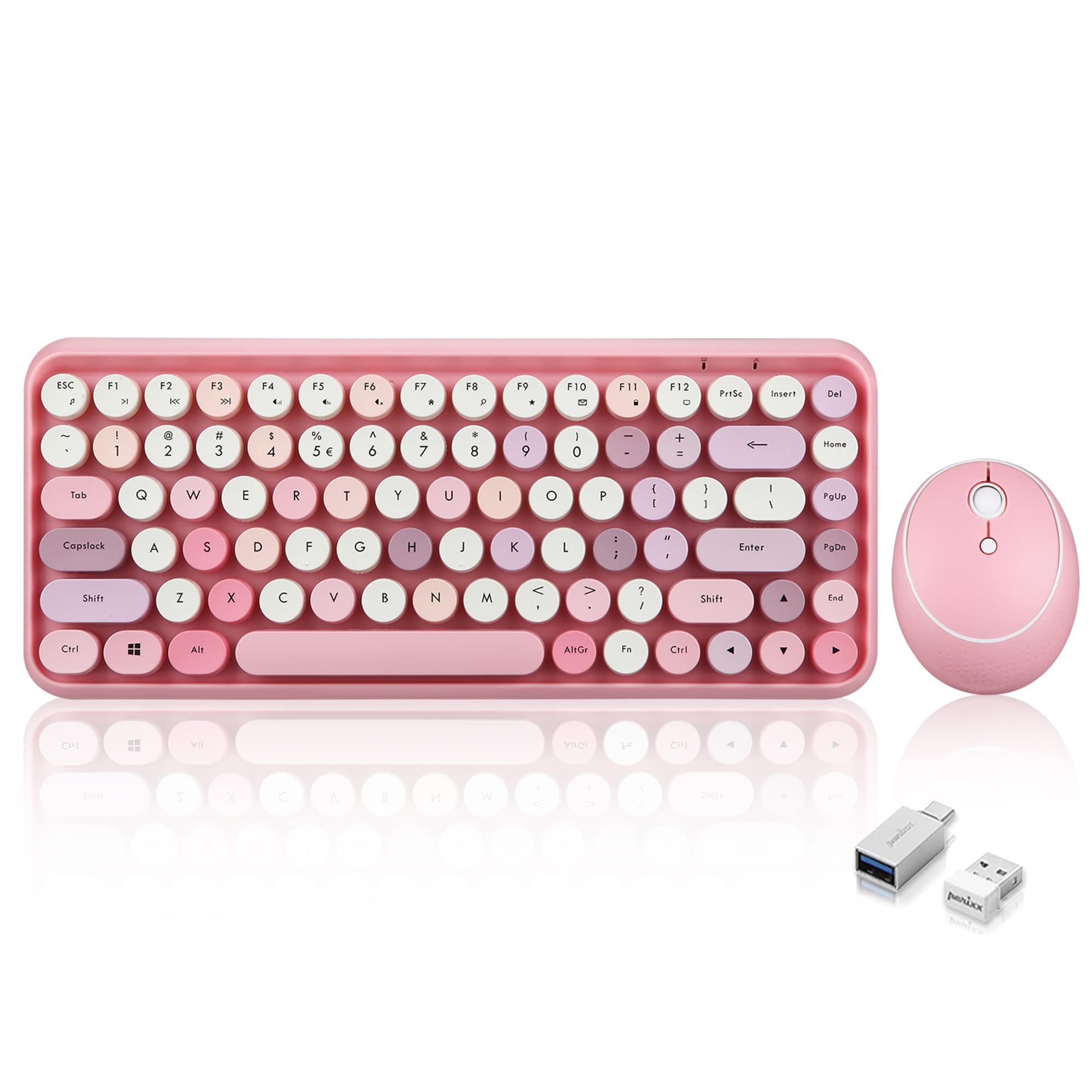 

Perix PERIDUO-713PKUS Typewriter Keyboard, Pink Wireless Mouse Set, 2.4GHz Retro Design, Pastel Pink [Official Warranty] (Pink, English Layout)