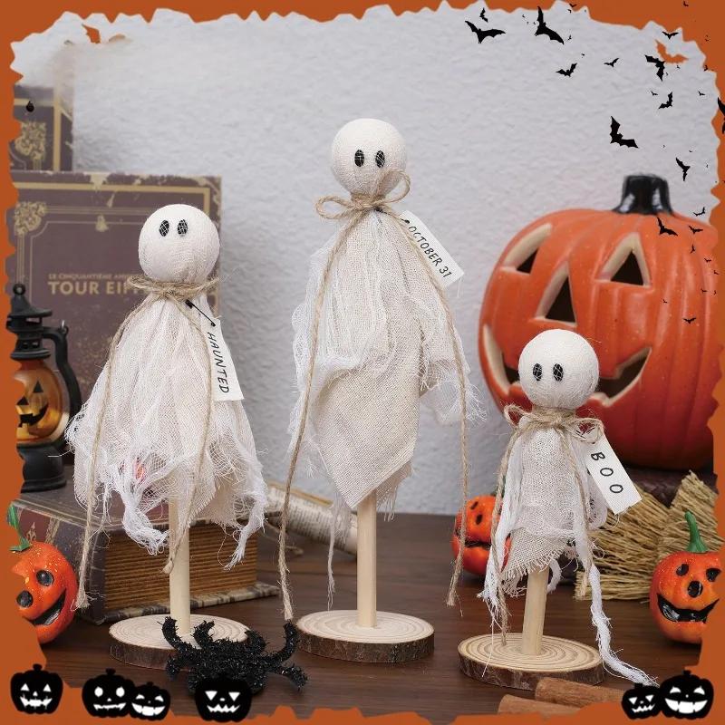 Halloween Decorations Indoor - Set of 3 Primitive Halloween Ghosts Dector on Wooden Stand for Table Centerpieces, Shelves