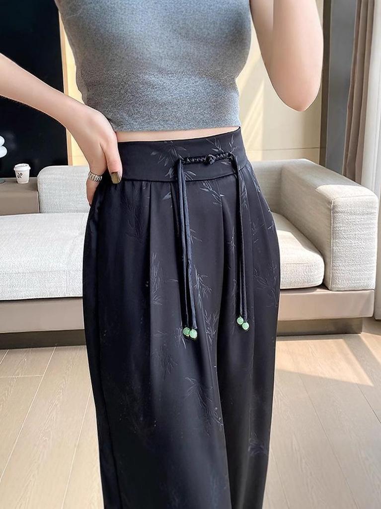 2025 Spring/Summer Women's Jacquard Satin Wide-Leg Pants: High-Waist, Buttoned, Slim-Fit, Casual Trousers.