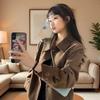 Women's Khaki Suede Short Jacket - 2025 Spring/Autumn Korean Loose Retro Petite Style