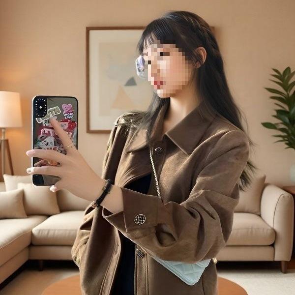 Women's Khaki Suede Short Jacket - 2025 Spring/Autumn Korean Loose Retro Petite Style