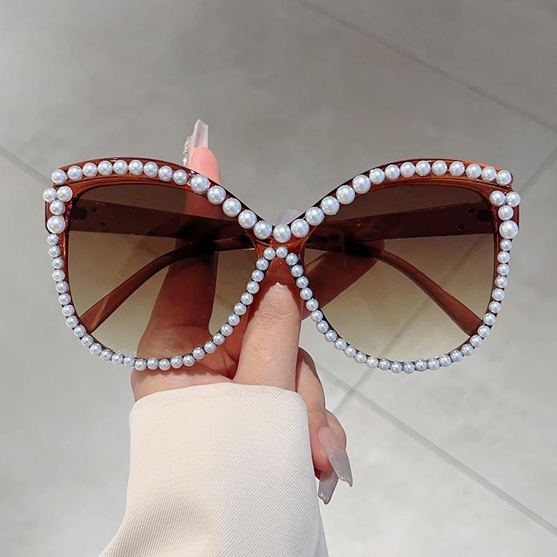 Chic Pearl Shiny Trends Shades Women Fashion Cat Eye Gradient Sunglasses Oversize Decor Outdoor Pink Sun Glasses