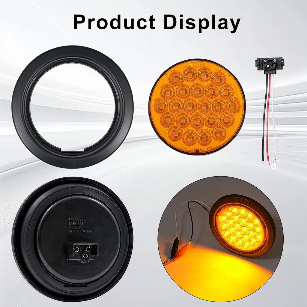 2Pcs 4 Inch Round Amber Strobe Lights 24 LED Trailer Tail Lights Amber 4" LED Strobe Light Stop Turn Tail Light Brake Lights for Trailer Truck 10-30V