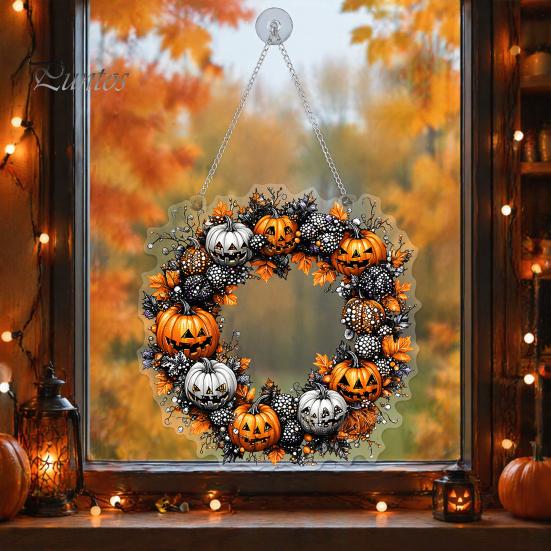 Durable Halloween Porch Decoration Pumpkin Pendant with Hanging Chain Waterproof Acrylic Welcome Front Door Sign for Window Wall Indoor Outdoor